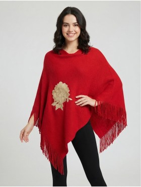 3D Floral Embroidery Poncho W/ Fringes